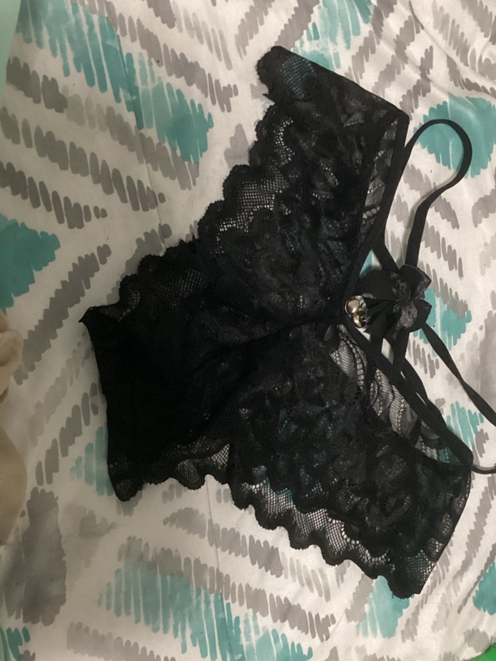 SHEIN Black Floral Lace Bikini Briefs with Bow Accent